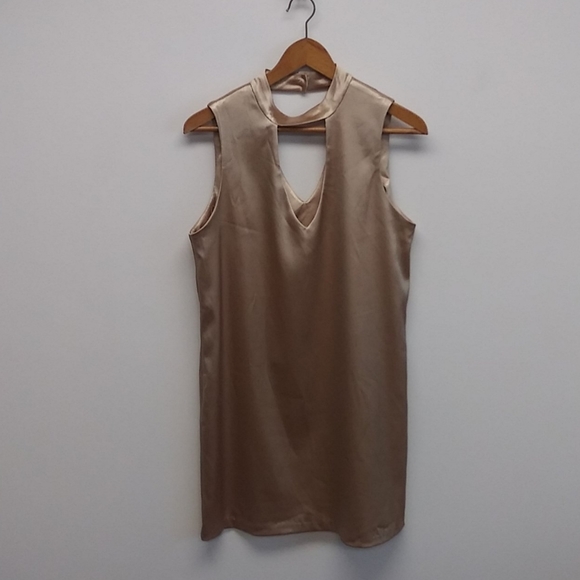 WAYF Gold Metallic Mock Neck Cut Out Mini Dress - Picture 1 of 14